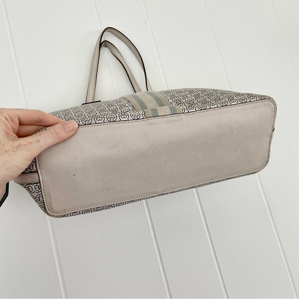 Tory Burch Gemini Link Tote Coated Canvas Double Strap Tote Designer Cream Blue - Picture 7 of 13